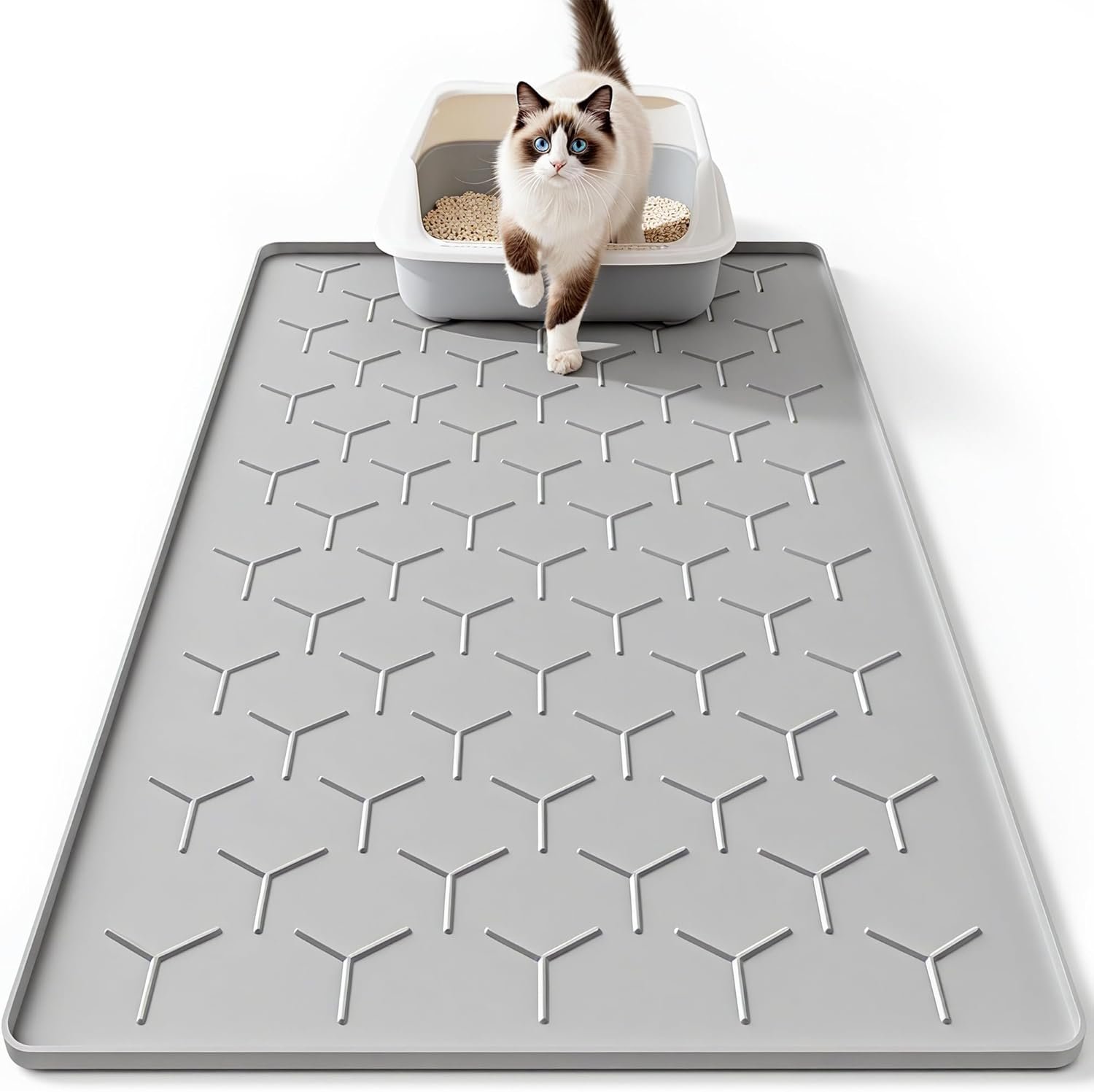 Bulkniu Silicone Cat Litter Mat, 22″x34″, Raised Edge Waterproof, Grey | Litter Trapping & Recycling, Easy to Clean, Non-Slip, Durable Safe & Odorless, Paw Friendly