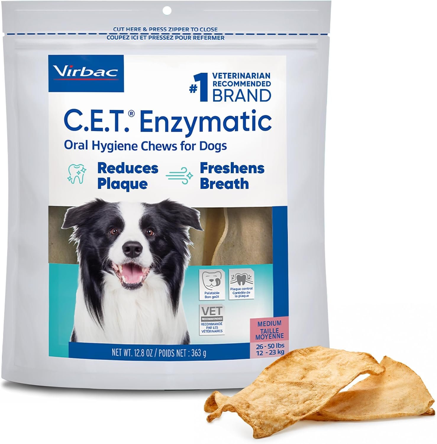 Virbac C.E.T. Enzymatic Oral Hygiene Chews for Dogs, Tartar Control, Medium | Dual-enzyme system, single layer beefhide, chicken flavored plaque control, oral hygiene care for medium dogs
