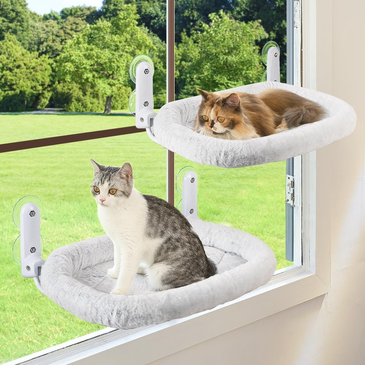 Zoratoo 2PC Cat Window Perch, Foldable & Cordless Cat Hammock with Bolster | 2-in-1 Reversible Cover, Removable for Machine Wash, Stable Window Resting Seat with Large Suction Cups for Indoor Cats