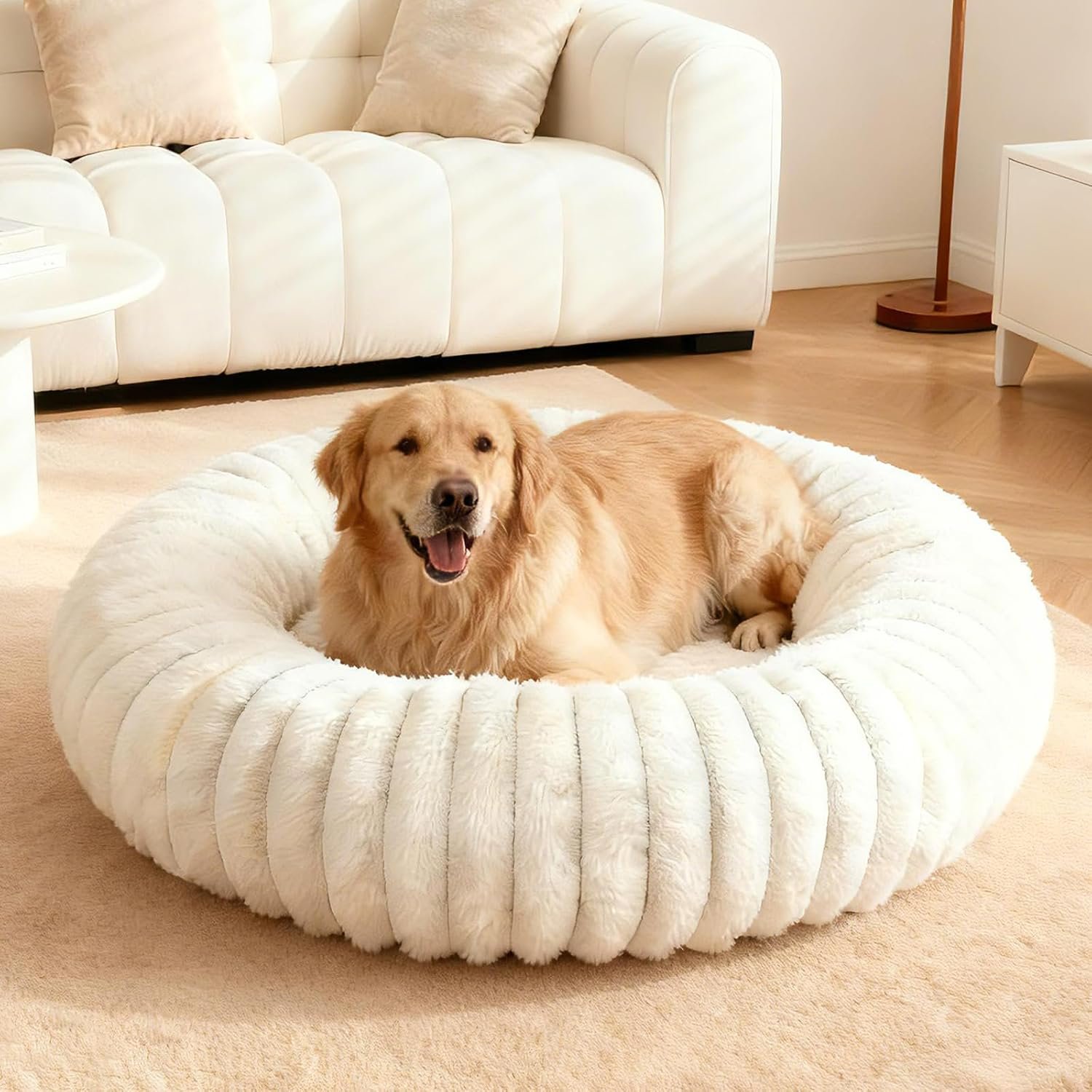 Calming Dog Bed Anti-Anxiety Donut Dog Beds for Small Medium Large Dogs,Washable Plush Fluffy Indoor Cat Kitten Round Cuddler Cushion (Cream, Large-36 inch)