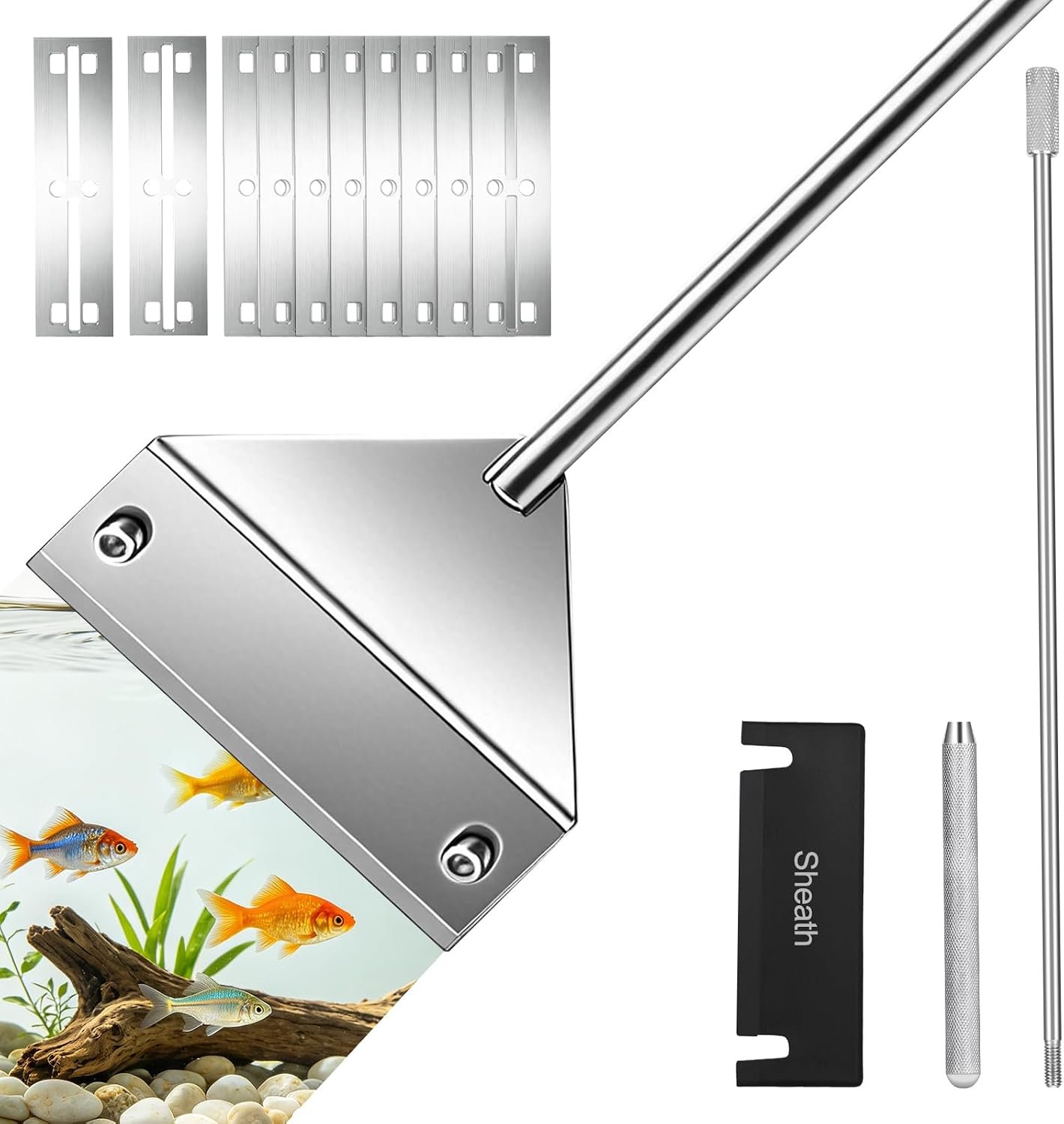 25 in Algae Scraper for Glass Aquariums – with Sheath, 10 Blades | Wide Blade, Durable Stainless Steel, Powerfully Remove Stubborn Algae, Included Blade Sheath, 10 Replaceable Blades