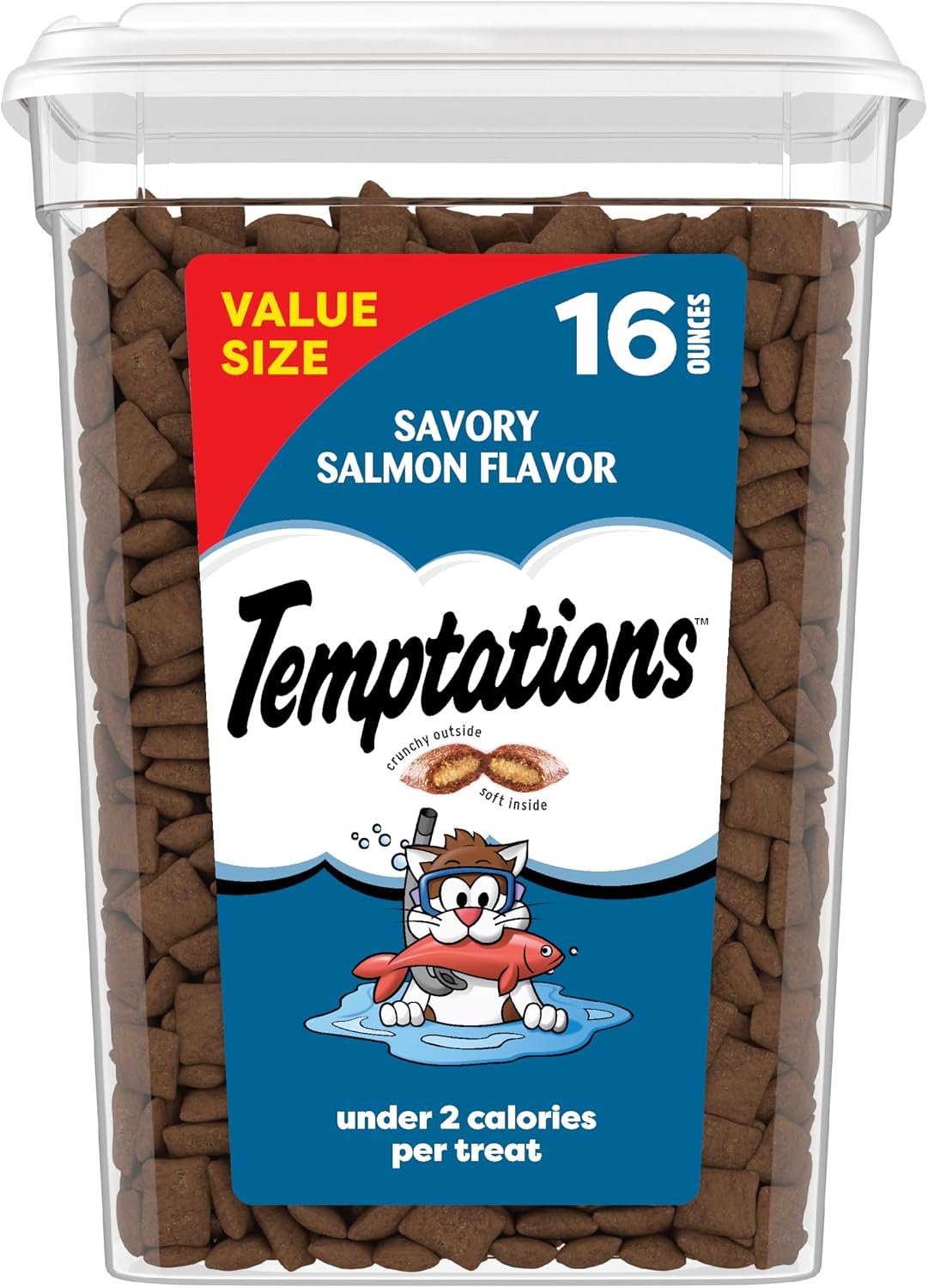 Temptations Classic Crunchy and Soft Cat Treats, Savory Salmon, 16 oz | Crunchy outside, soft inside, under 2 calories per treat, 100% complete & balanced for adult cats, stay-fresh resealable tub