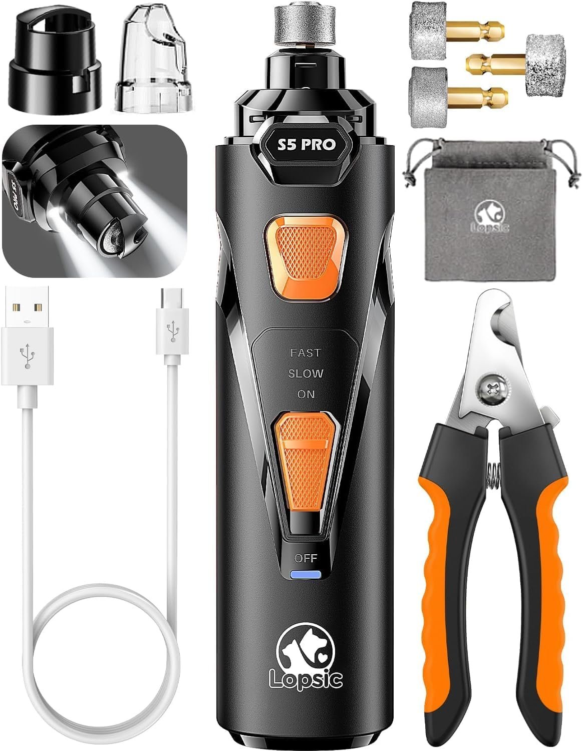 Whisper Quiet Dog Nail Grinder Safe & Stress-Free for Sensitive Dogs Cats | 4 LED Lights,3 Grinding Bits, 3-Speed, Pet Nail Trimmers, Rechargeable Painless Grooming Kit for All Breeds & Sizes