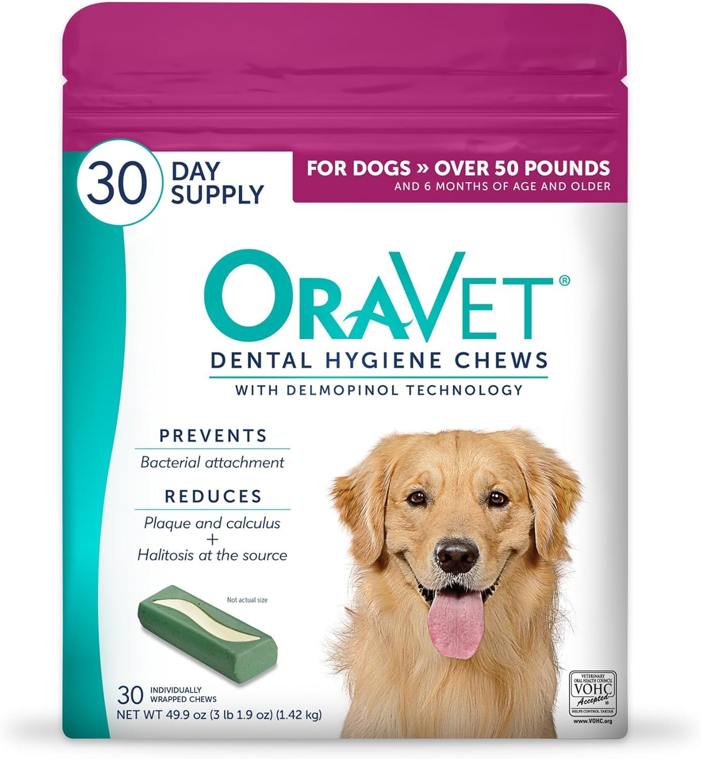 ORAVET Dental Chews for Dogs, Oral Care and Hygiene Chews (Large Dogs, Over 50 lbs.) Pink Pouch, 30 Count (Pack of 1) | VOHC-accepted dual-action chew reduces plaque & tartar, freshens breath barrier vet-recommended