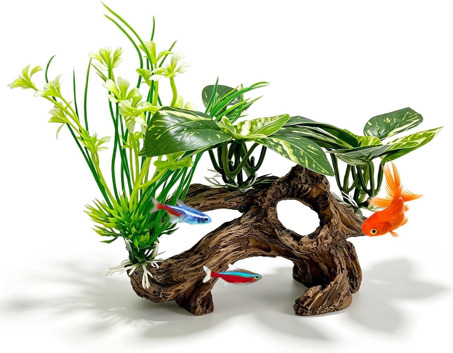 Fish Tank Decor, Artificial Driftwood Cave Hideout with Silk Aquarium Plants – Realistic Betta Fish Tank Accessories Ornaments for Aquascaping
