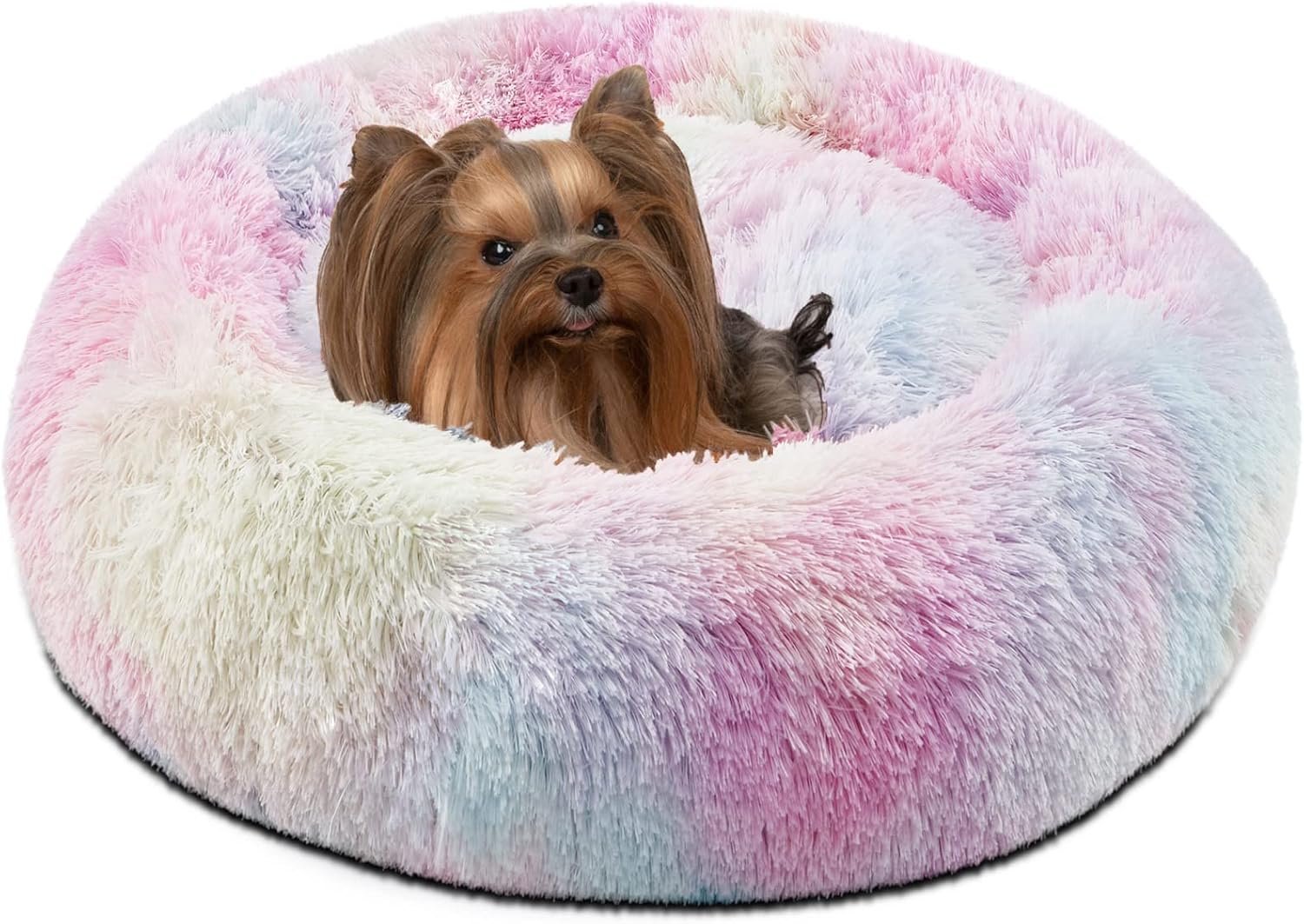 Friends Forever Donut Dog Bed Faux Fur Fluffy Calming Sofa For Small Dogs, Soft & Plush Anti Anxiety Pet Couch For Dogs, Machine Washable Coco Pet Bed with Non-Slip Bottom, 23″x23″x6″ Rainbow