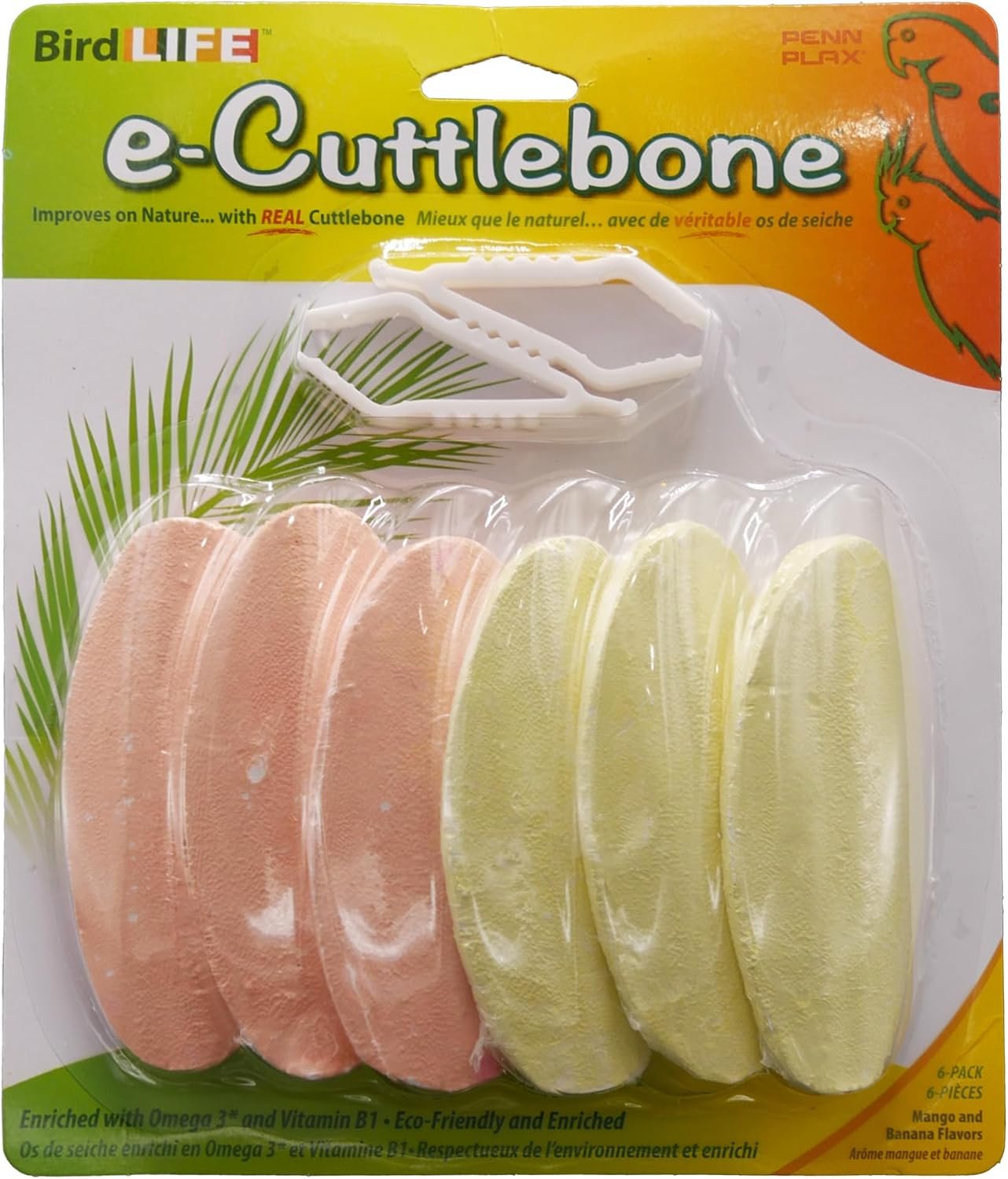 Penn-Plax Bird-Life E-Cuttlebone Flavored, 1 Pk (6 Counts) – Mango & Banana – Durable, Less Brittle Cuttlebones Enriched with Omega 3 and Vitamin B1 – 2 Cage Clips -For All Bird Sizes -Orange & Yellow