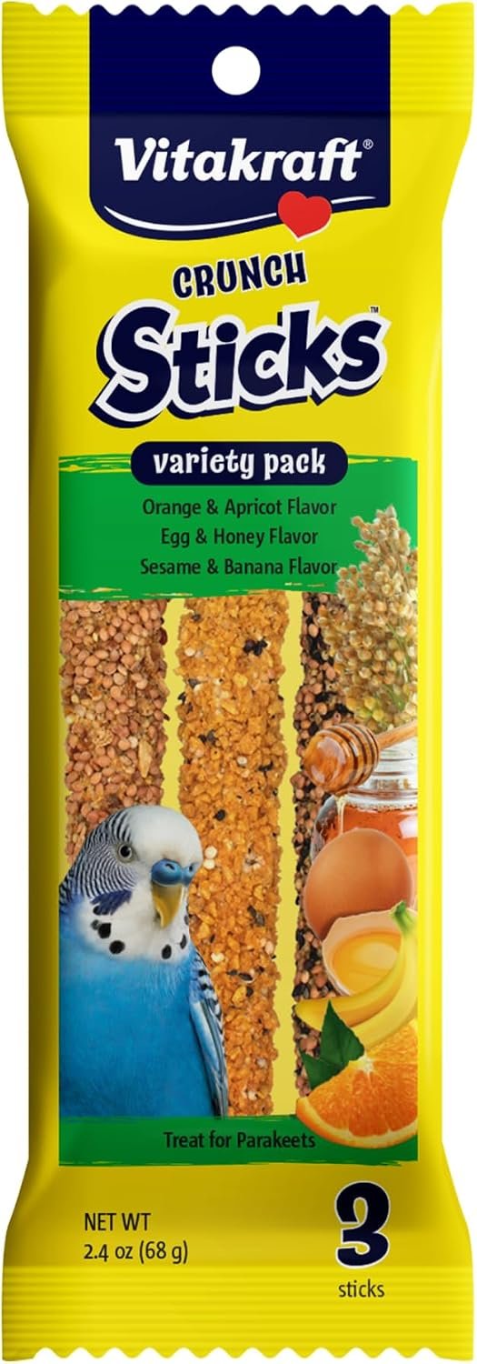 Vitakraft Crunch Sticks Variety Pack: Orange & Apricot Flavor, Egg & Honey Flavor, Sesame & Banana Flavor Treats for Parakeets, 2.4 oz