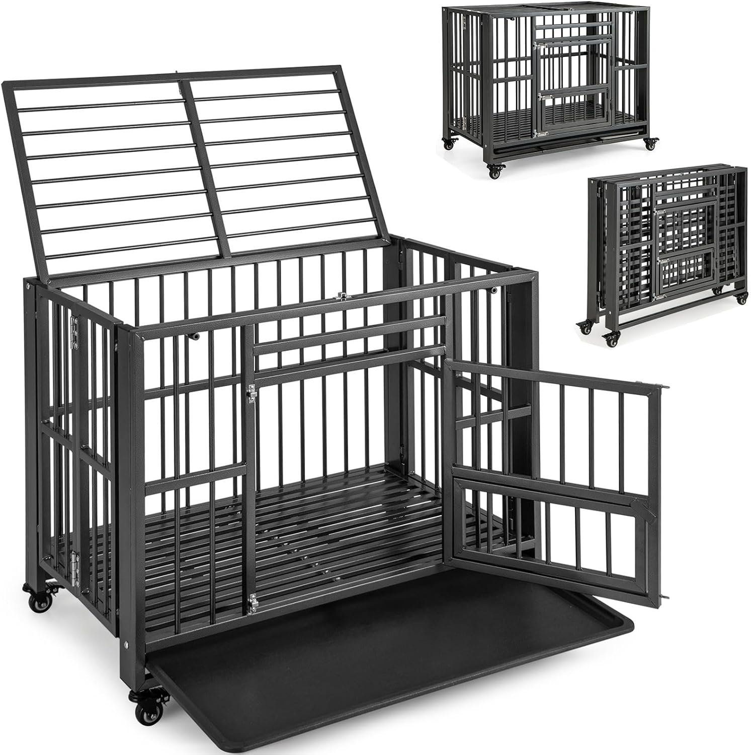 Giantex Foldable Metal Dog Crate – Heavy Duty Dog Cage with Top and Front Doors, Feeding Access, Removable Tray, Lockable Wheels, Chew Proof Dog Kennel Indoor Outdoor, 37”L x 23”W x 30”H, Black