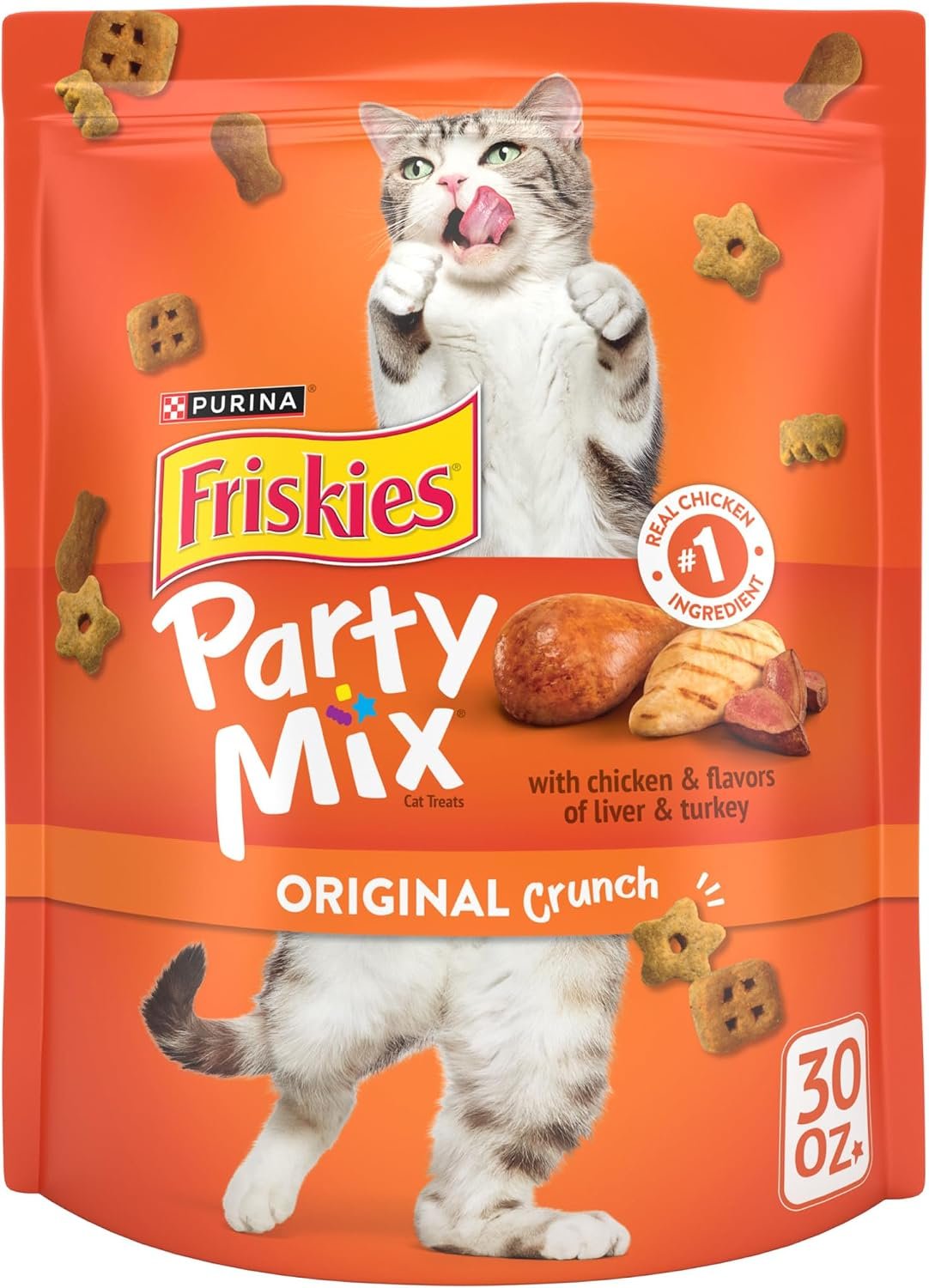 Friskies Purina Party Mix Original Crunch Cat Treats 30 oz Pouch | Real chicken with liver and turkey flavors, playful shapes and under 2 calories each, supports dental health