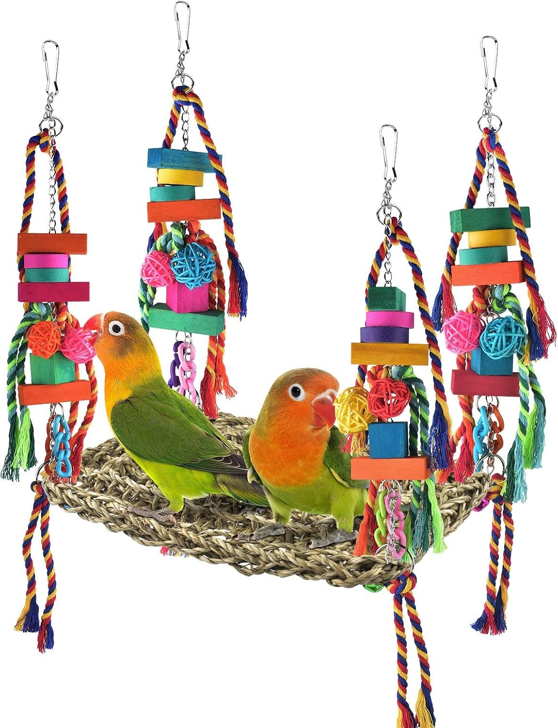 KATUMO Bird Toys, Bird Foraging Wall Toy Large Size Seagrass Woven Climbing Hammock Swing Mat with Colorful Chewing Toys for Lovebird, Parakeet, Budgie, Conure, Cockatiel, Small Birds | Hand-Woven Seagrass Toy with Chew Accessories, Supports Climbing, Foraging and Resting for Small Medium Pet Birds