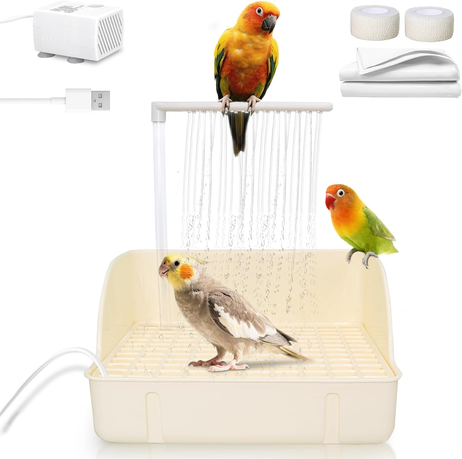 Automatic Parakeet Bird Bath with Pump, Large Bird Shower Fountain | Indoor Bathtub with Running Water, Parrot Bath Tub Faucet for Pet Birds, Cockatiel, African Grey, Budgie, Conure, Lovebird