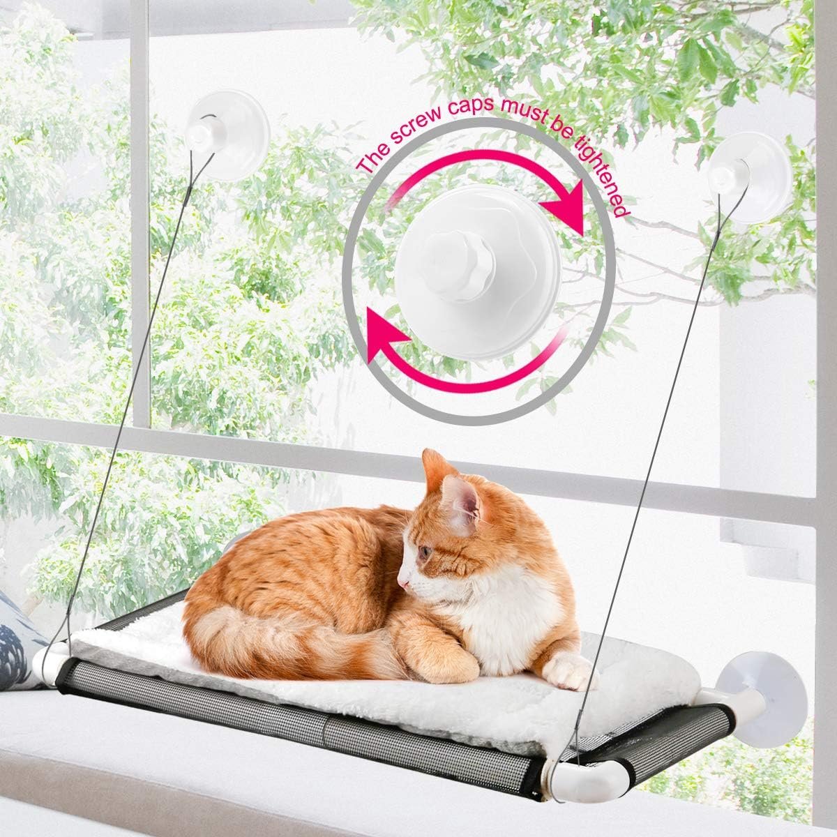Cat Window Perch, Cat Hammock w/Fleece Blanket Upgraded Screw Suction Cups | Window Bed Holds 2 Large Cats, Sturdy Resting Seat Indoor with One Extra Suction Cup, White