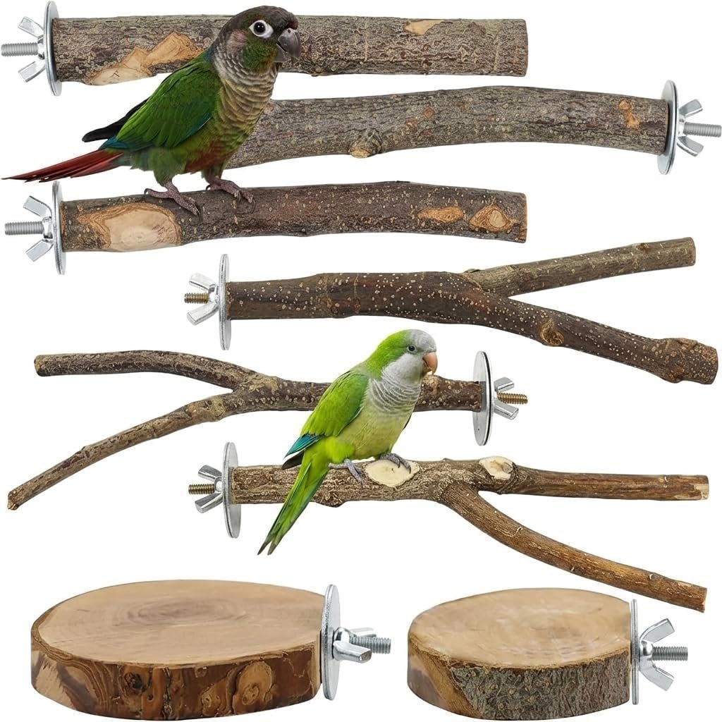 8-Piece Set Natural Wood Bird Perches – Wooden Parrot Stand with Fork Toys, Hanging Multi-Branch Platform, Hammock Swing – Suitable for Parakeets, Budgies – Durable Pet Bird Accessories