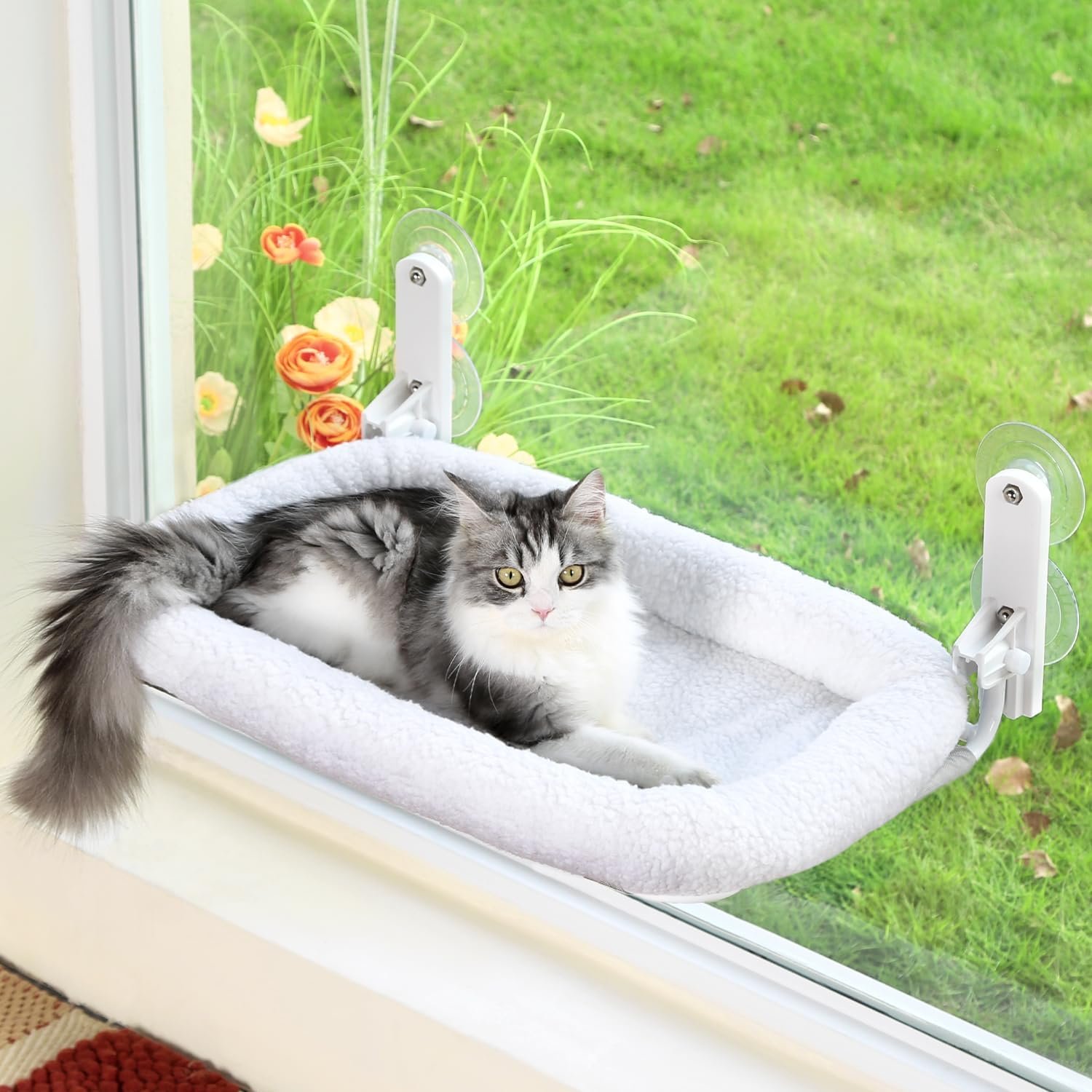 Zakkart Foldable Cat Hammock for Window – Cordless, Embeded Machine Washable Bed, Robust Metal Frame – Cat Window Perch for Large Cats and Kittens (White Bolster Bed, Medium)