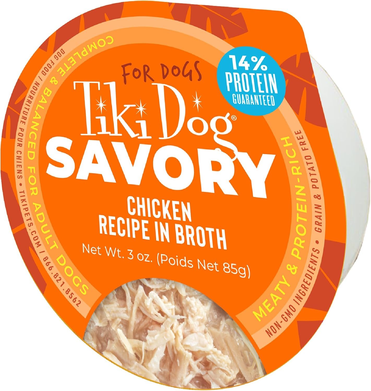 Tiki Dog Meaty – Grain Free High Protein Wet Dog Food Chicken Recipe in Broth, 4 cans, 3 oz, NO Color