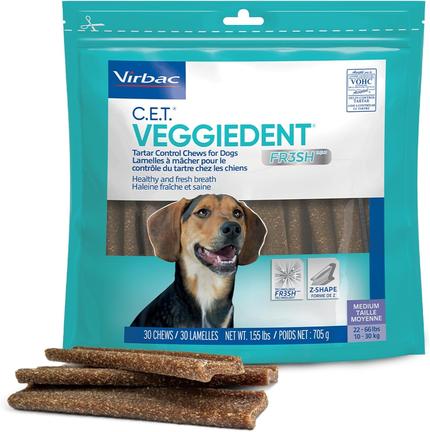 C.E.T. Veggiedent Fr3sh Plaque and Tartar Control Chews for Dogs, Medium | Vet recommended dental chews, plant-based formula, supports canine digestive health, VOHC approved for plaque & tartar