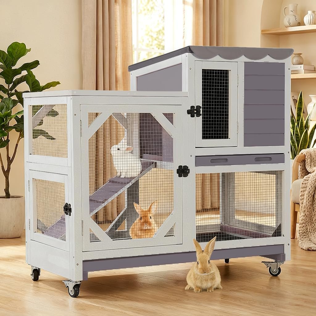 Aivituvin 39.3″ Large 2-Story Large Rabbit Hutch Indoor Rabbit cage Wooden Bunny Cage with Chew-Proof Ramp, Leak-Proof Tray, Lockable Wheels for 2-4 Rabbits, Guinea Pigs (Grey)