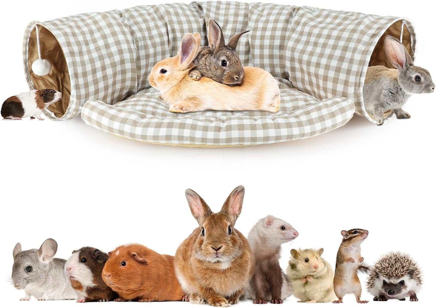 BWOGUE Bunny Tunnel Bed, 2-in-1 Collapsible Rabbit Tunnel Hideout with Mat | Removable Mat for Washing, Ball Toy for Play, Tunnel Tubes for Hiding, Soft Suede Fabric, Cats Rabbits Guinea Pigs