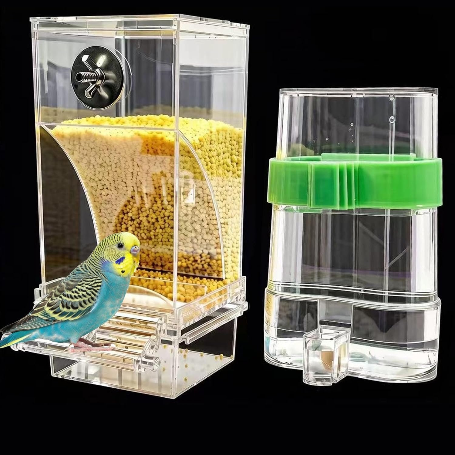 Automatic No Mess Bird Feeder Water Dispenser Set | Acrylic Transparent Parakeet Cage Accessories Bird Feeder and Waterer in Cage for Small and Medium Cockatiel Finche Lovebird