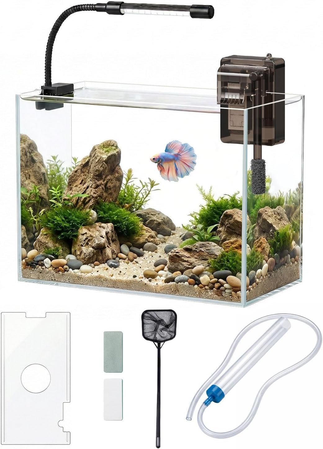 Glass Fish Tank Kit, 3 Gallon Betta Nano Fish Tank Aquarium Starter Kit | Complete Aquarium Kit with Filter, Adjustable LED Light, Lid, Net, Water Changer for Betta, Goldfish, Small Fish or Shrimp