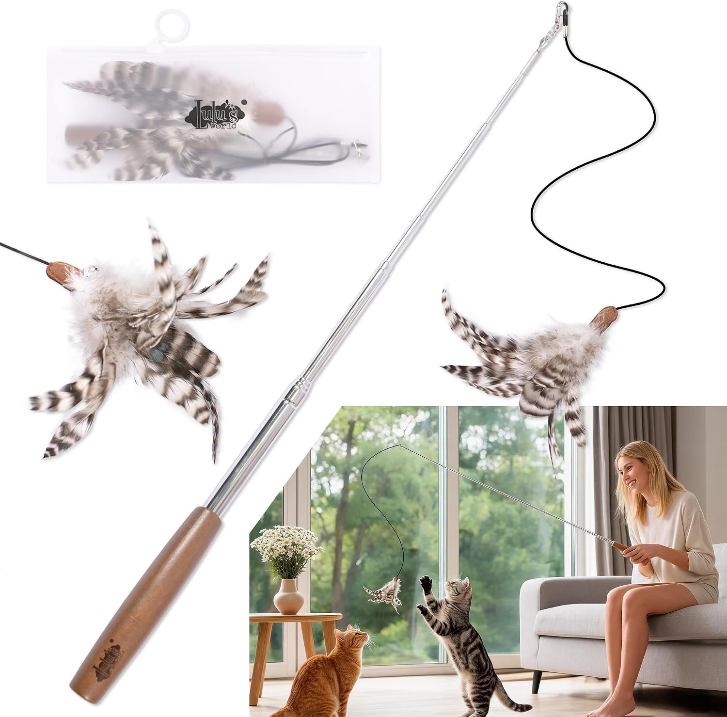 Lulu’s World Retractable Cat Wand Toy 8.3″-46″ Telescopic Feather Teaser | Comfortable wooden handle,steel pole,storage bag,interactive pet exercise, chasing & pouncing toy,save space,durable model