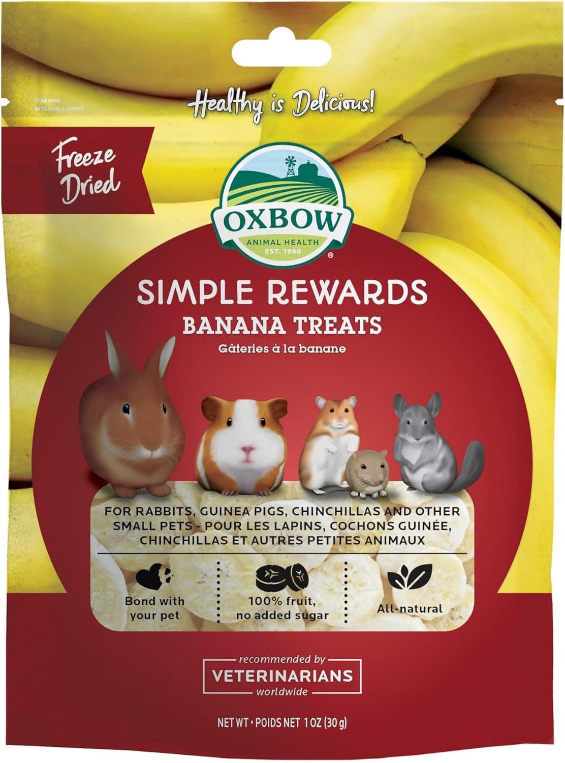 Oxbow Simple Rewards Rabbit Treats, Guinea Pig Treats, Bananas, 1 oz | Freeze Dried, Bunny Treats, Hamster Treats, Chinchilla, Guinea Pig Snack, Rabbit Enrichment, Rabbit Accessories, Essentials