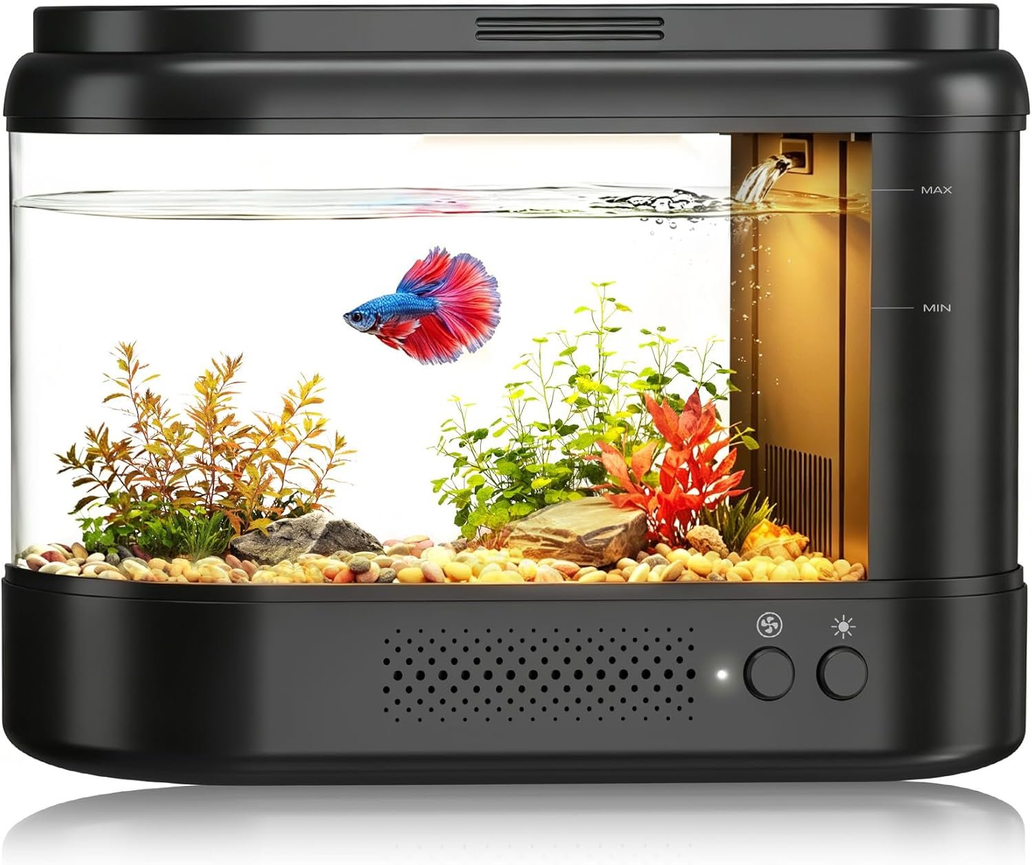 Betta Fish Tank Black 1 Gallon Acrylic Small Aquarium Kit | with Water Filter Pump & LED Light,Quiet Office Desktop Fish Bowl for Small Fish,Plants and Shrimp