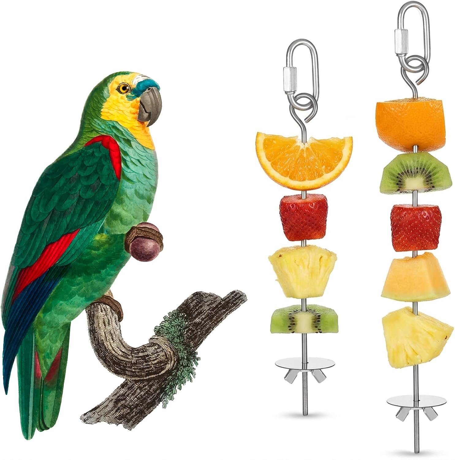 2 PCS Bird Cage Food Holder, Stainless Steel Bird Foraging Toys Hanging Parrot Fruit & Vegetable Skewer Feeder for Cockatiels, Conures, Budgies & Macaws, Easy to Clean (2 Sizes Included)