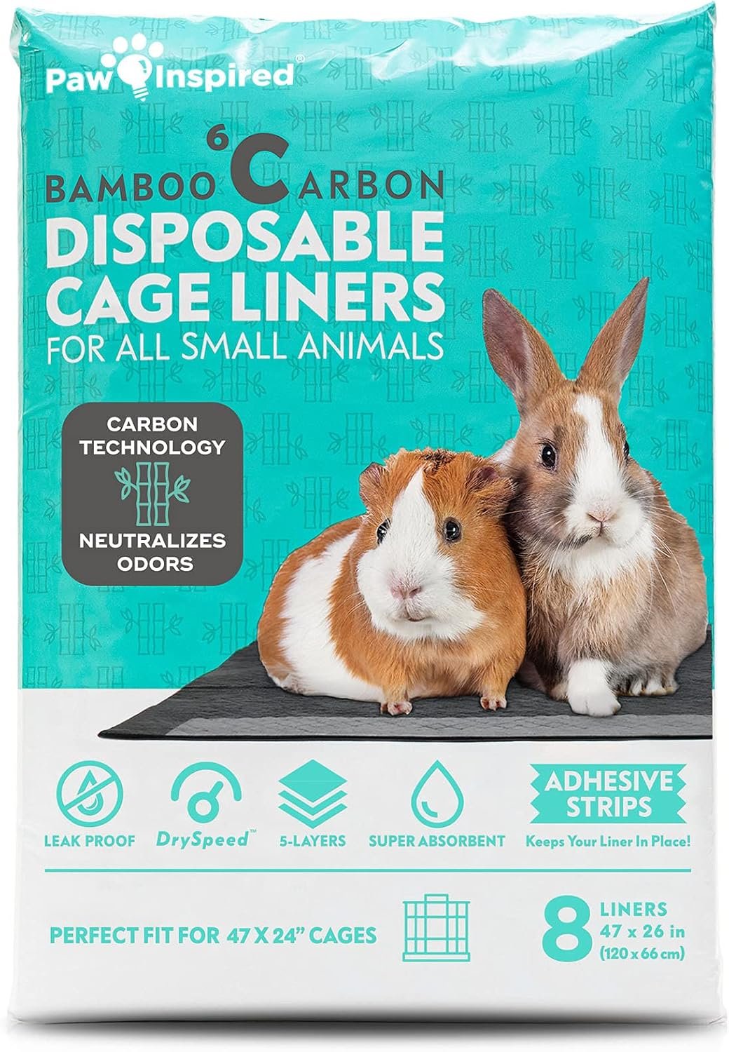Paw Inspired Disposable Cage Liners, 47×26 Inch (Midwest), 8 Count | Bamboo Charcoal Odor Controlling, Super Absorbent Pads For Guinea Pigs, Ferrets, Rabbits, Hamsters, Small Animals