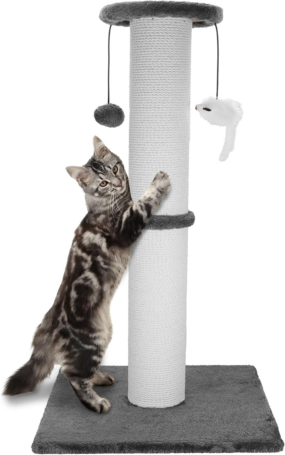 34-Inch Tall Cat Scratching Post for Large Cats, Stable Base, Gray | Heavy-Duty Cat Scratcher, Extra-Tall Thick Post, Soft Natural Cotton Rope, Hanging Interactive Cat Toys, Indoor Cat Furniture
