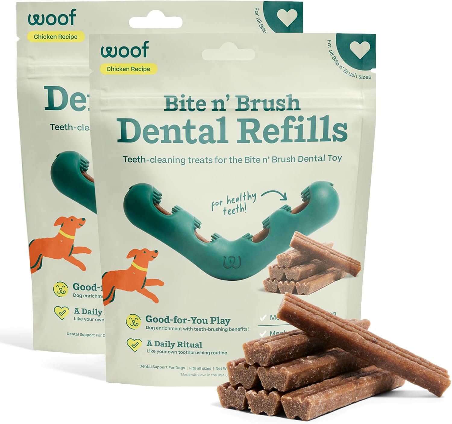 WOOF Bite n’ Brush Dog Dental Chew Toy Refills, Chicken, 2 Pack | Dental refill treats, chicken & beef options, oral care ingredients, reusable with Bite n’ Brush