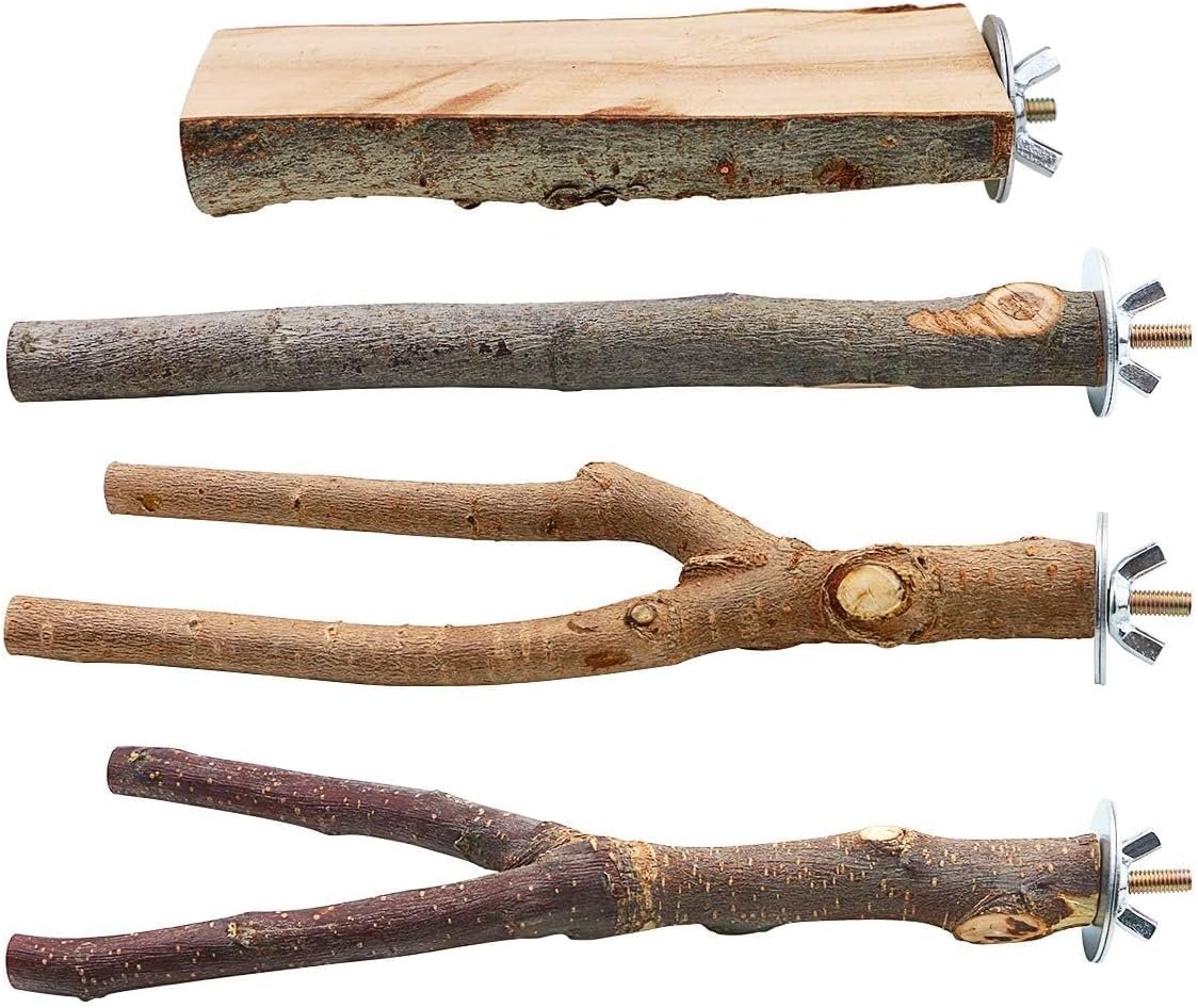 4 Pack Natural Wood Bird Perch Parrot Stand Branches Fork Toys,Pet Bird Cage Wooden Hanging Perch Platform Hammock Swing Toy for Small Parakeets,Budgies,Cockatiels,Conures,Finches