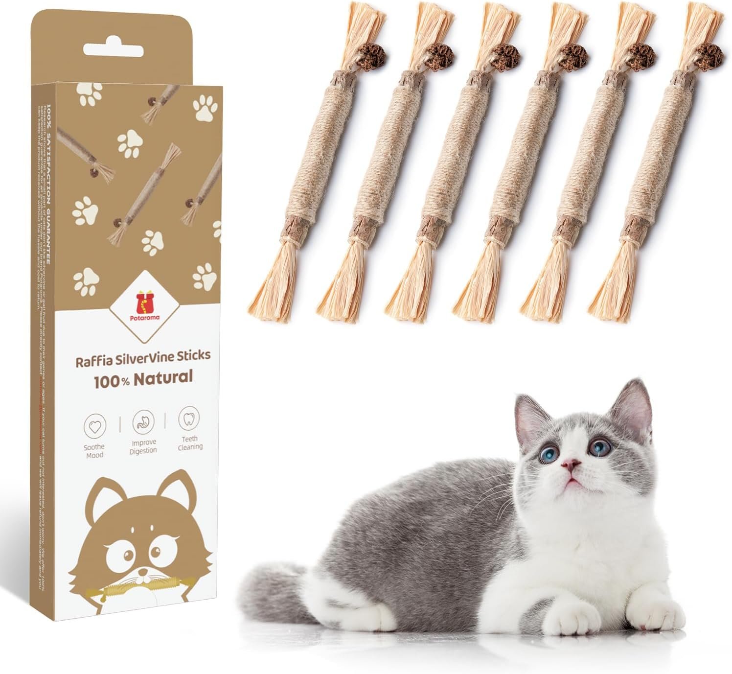 Potaroma 6 Pcs Natural Silvervine Sticks Cat Toys, Catmint Silvervine Blend Sticks, Kittens Chew Toys for Teeth Cleaning, Matatabi Dental Care Cat Treat, Edible Kitty Lick Toys | Kittens Chew Toys for Teeth Cleaning & Teething, Matatabi Dental Care Cat Treat, Edible Kitty Lick Toys