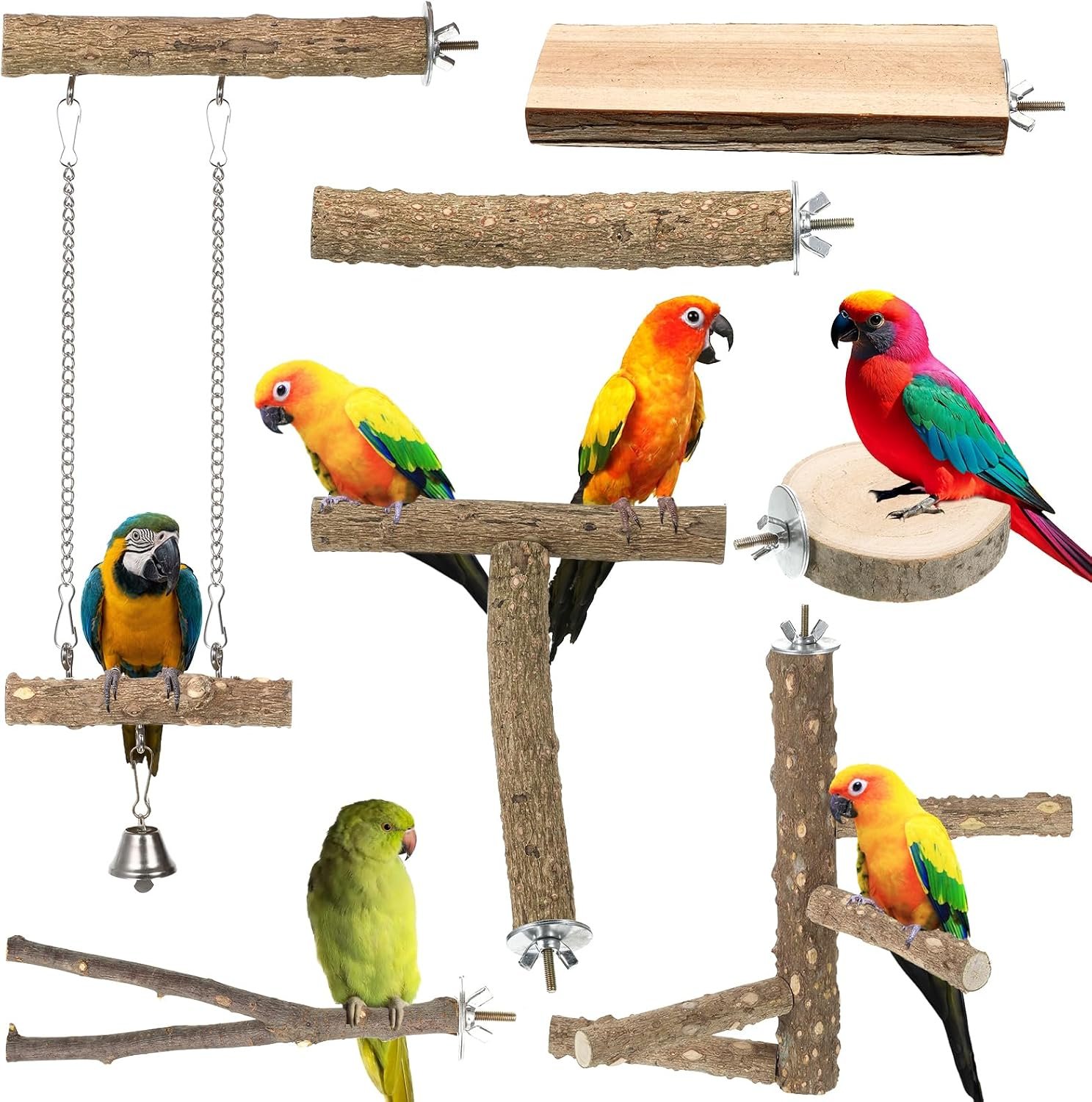 7PCS Natural Wood Bird Perch Set, Includes Paw Grinding Forks, Chewing Sticks, Exercise Branches, Hanging Multi-Branch Perch Platform, Swing Toy Rope Perches, for Medium Birds