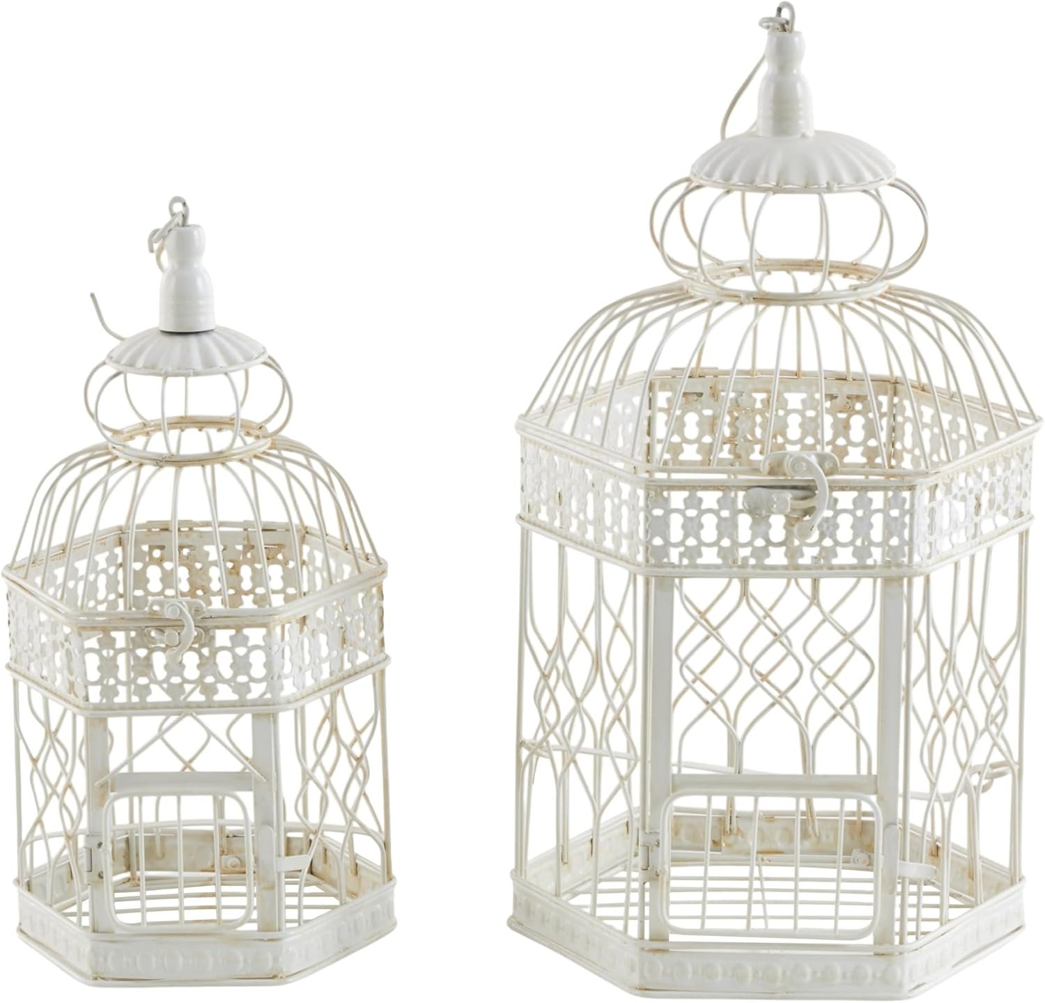 Deco 79 Metal Scroll Birdcage Distressed Wire with Latch Lock Closure and Hanging Hook, Set of 2 21″, 18″H, Cream