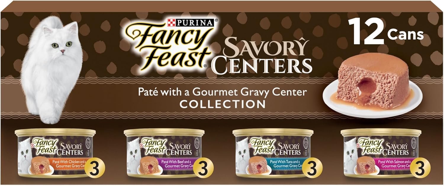 Fancy Feast Purina Savory Centers Wet Cat Food, 3 oz. Cans, 24-Pack | Variety pack with chicken, salmon, beef and tuna pate recipes, 100 percent complete and balanced nutrition