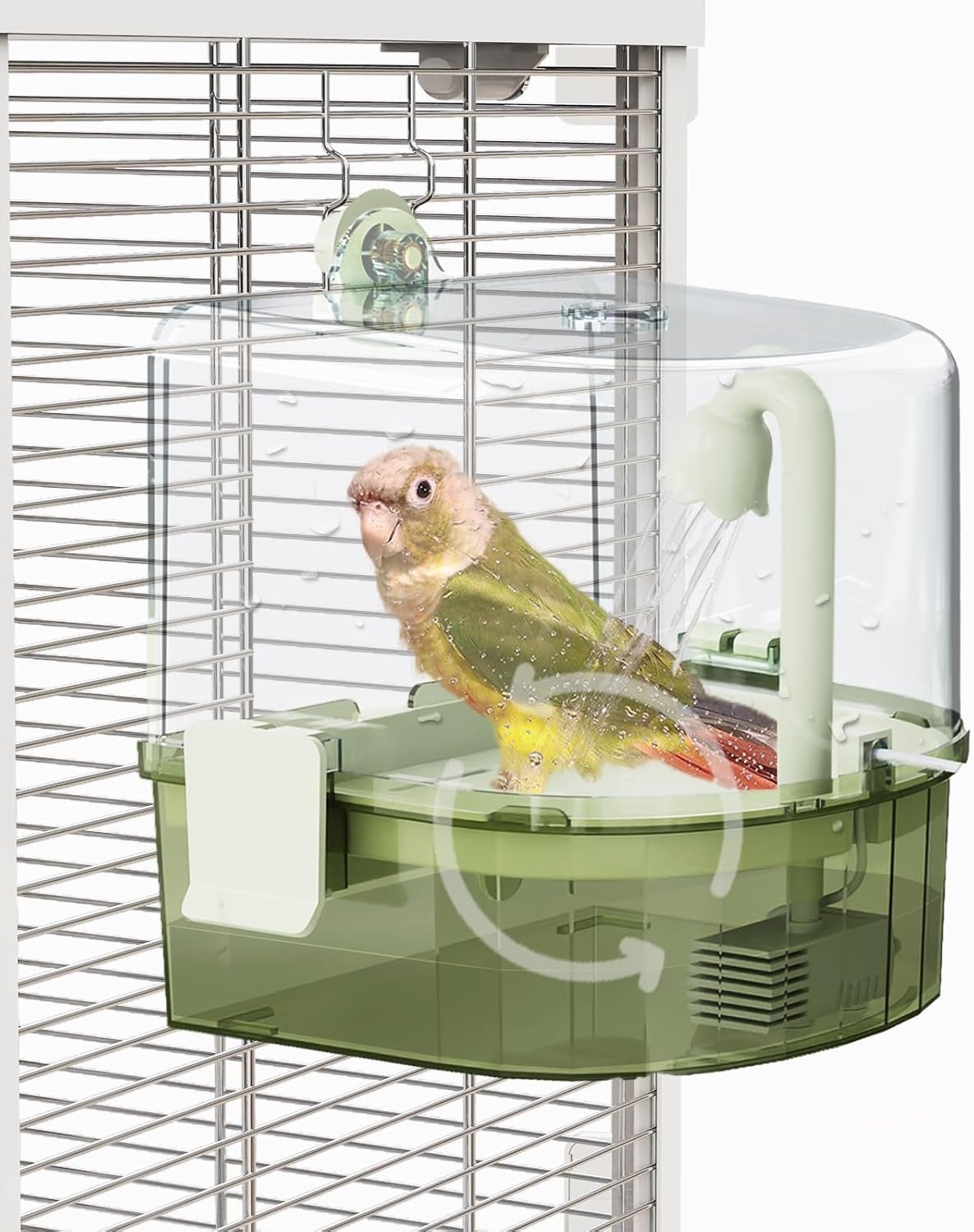 Automatic Bird Baths for Cage – Indoor Parakeet Bath with Pump, Bird Shower with 2 Modes Running Water, Bird Cage Accessory for Pet Birds Conure Budgies Cockatiels Lovebird(Green) | Quiet auto pump with 4-layer filter & 4 refills Easy-clean clear tank on/off switch. For budgies, cockatiels, canaries & more