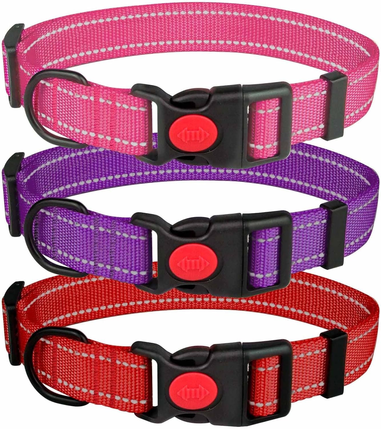 3 PCS Dog Collars for Medium Dogs,Reflective Dog Collar Adjustable Soft Nylon with Safety Locking Buckle Girl Dog Collars,Hotpink+Purple+Red,M