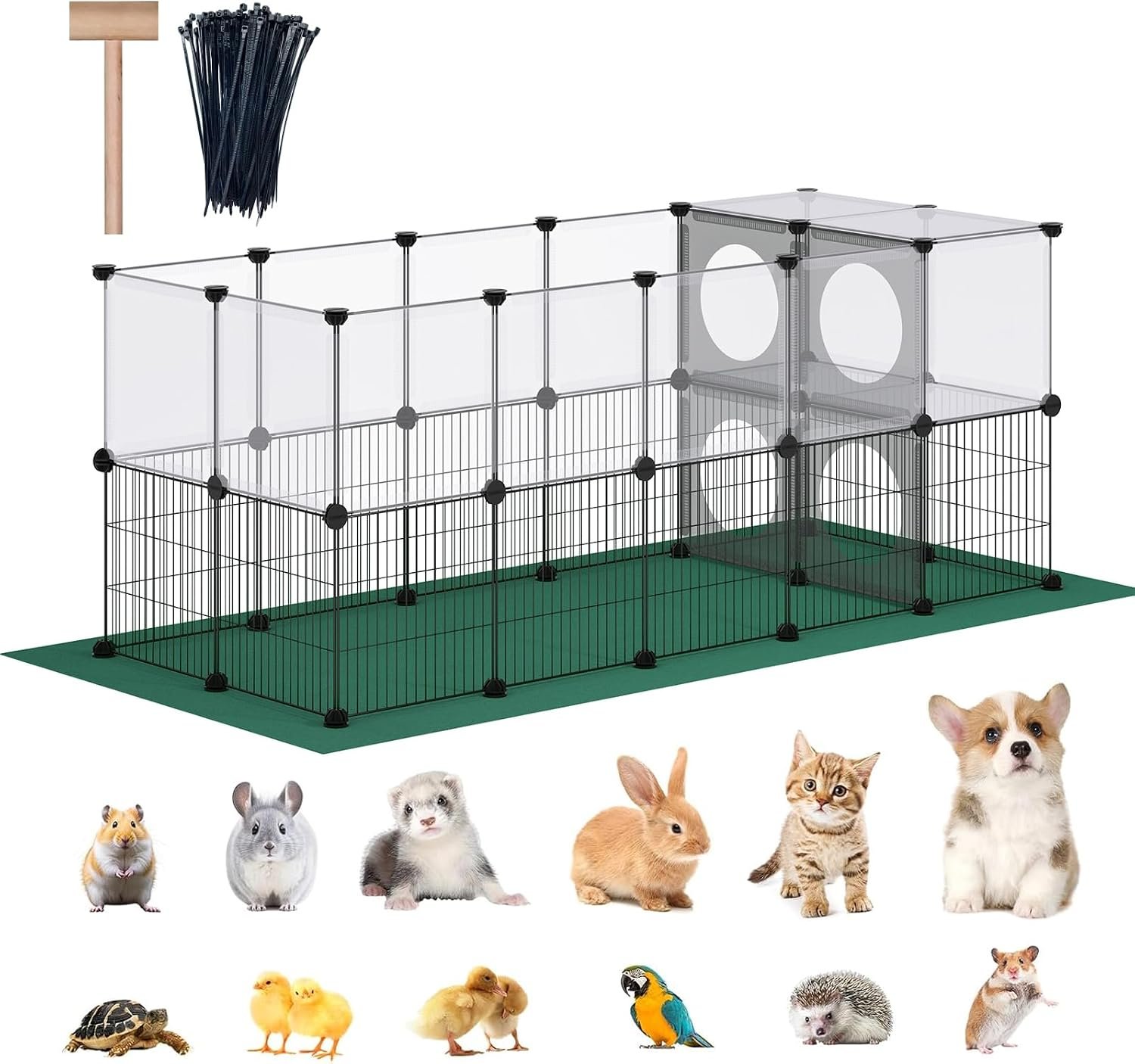 DINMO 36 Panels Small Animal Playpen with Oxford Mat & Game Holes, 60.2 x 24.8 x 24.8 inches, Kitten Enclosure, Rabbit Cage, Bunny Play Pen, Iron Mesh & Plastic Combination, Visualization, DIY