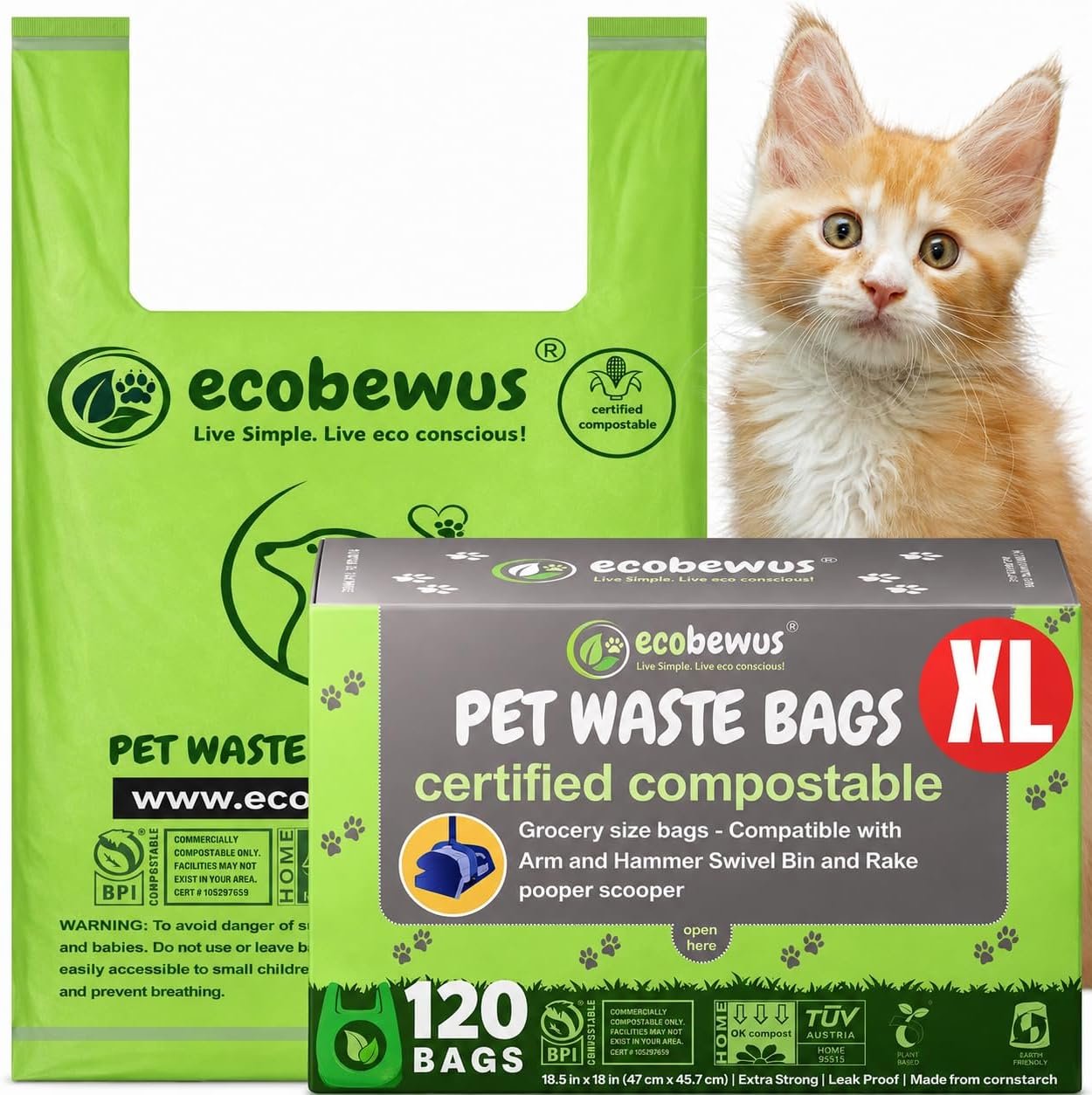 Certified Compostable XL Pet Waste Bag (120 ct.) Plant-Based Cat Litter Bags Cornstarch Doggy Poop Bags with Handles Compost Liners US BPI ASTM D6400 & OK Compost Home Certified (120 ct)