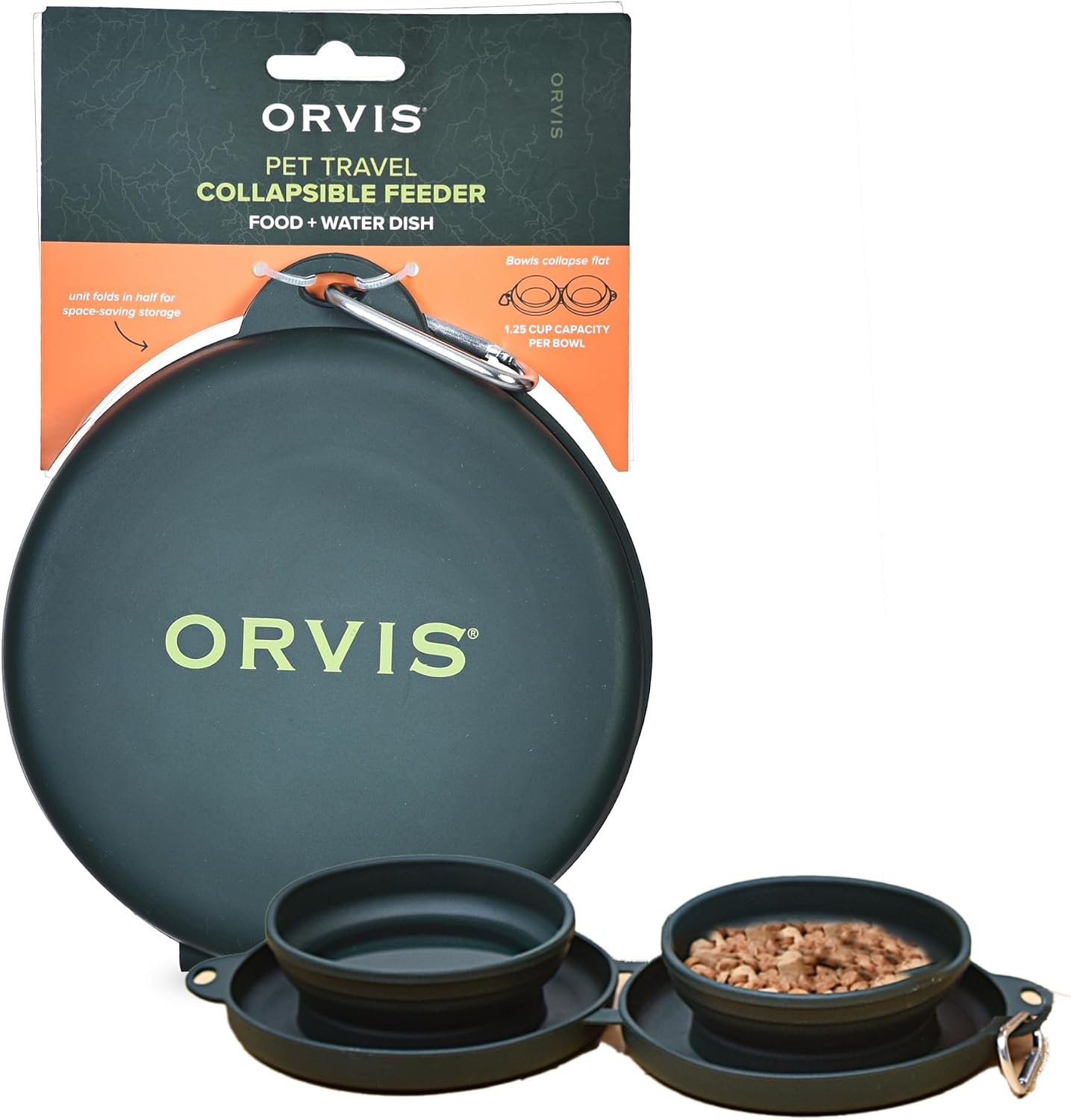 Orvis Pet Travel Collapsible Feeder with Food + Water Dish, 2-in-1, BPA Free, Food-Grade Silicone | Space-Saving Pet Travel Bowls, Nonslip Bottom + Carabiner Clip