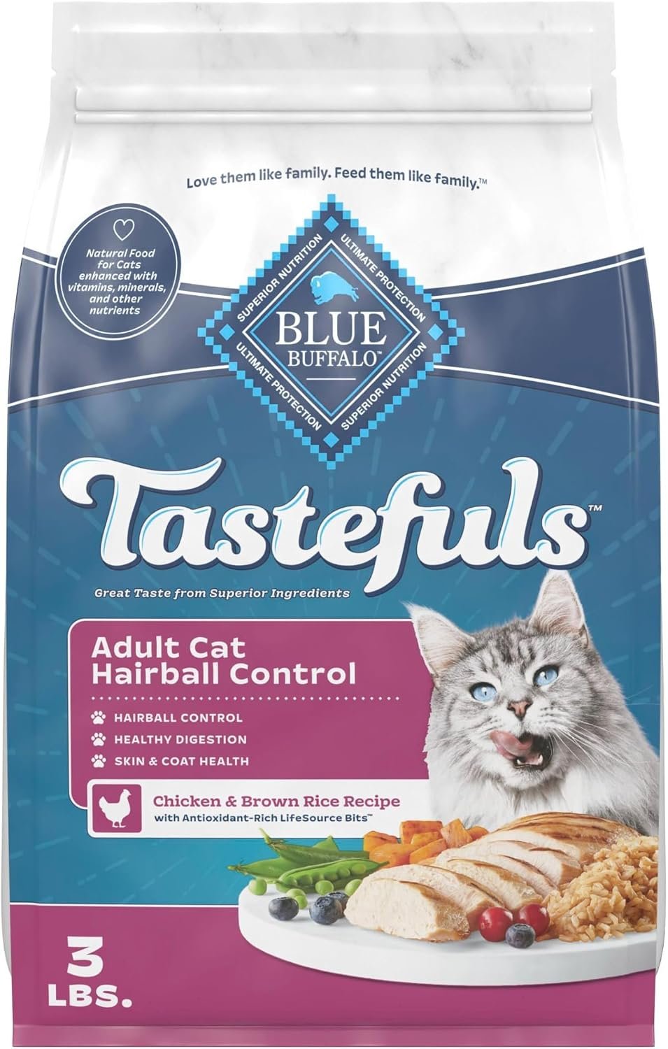 Blue Buffalo Tastefuls Chicken Adult Hairball Control Dry Cat Food, 3 lb | Chicken & Brown Rice Recipe, Whole Grains, Garden Veggies & Fruit, Reduces Hairballs