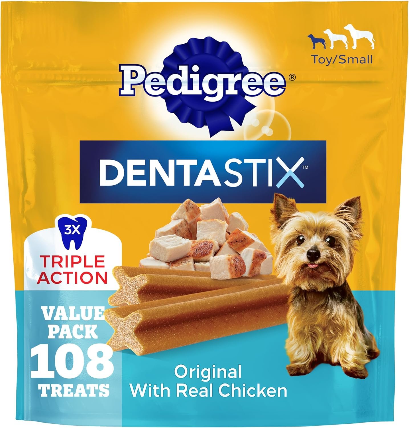 Pedigree Dentastix Small & Medium Dental Dog Treats, Original, 108 Count | Original chicken flavor, Triple action dental care, reduces tartar, cleans teeth, freshens breath, for dogs 7-22 lbs