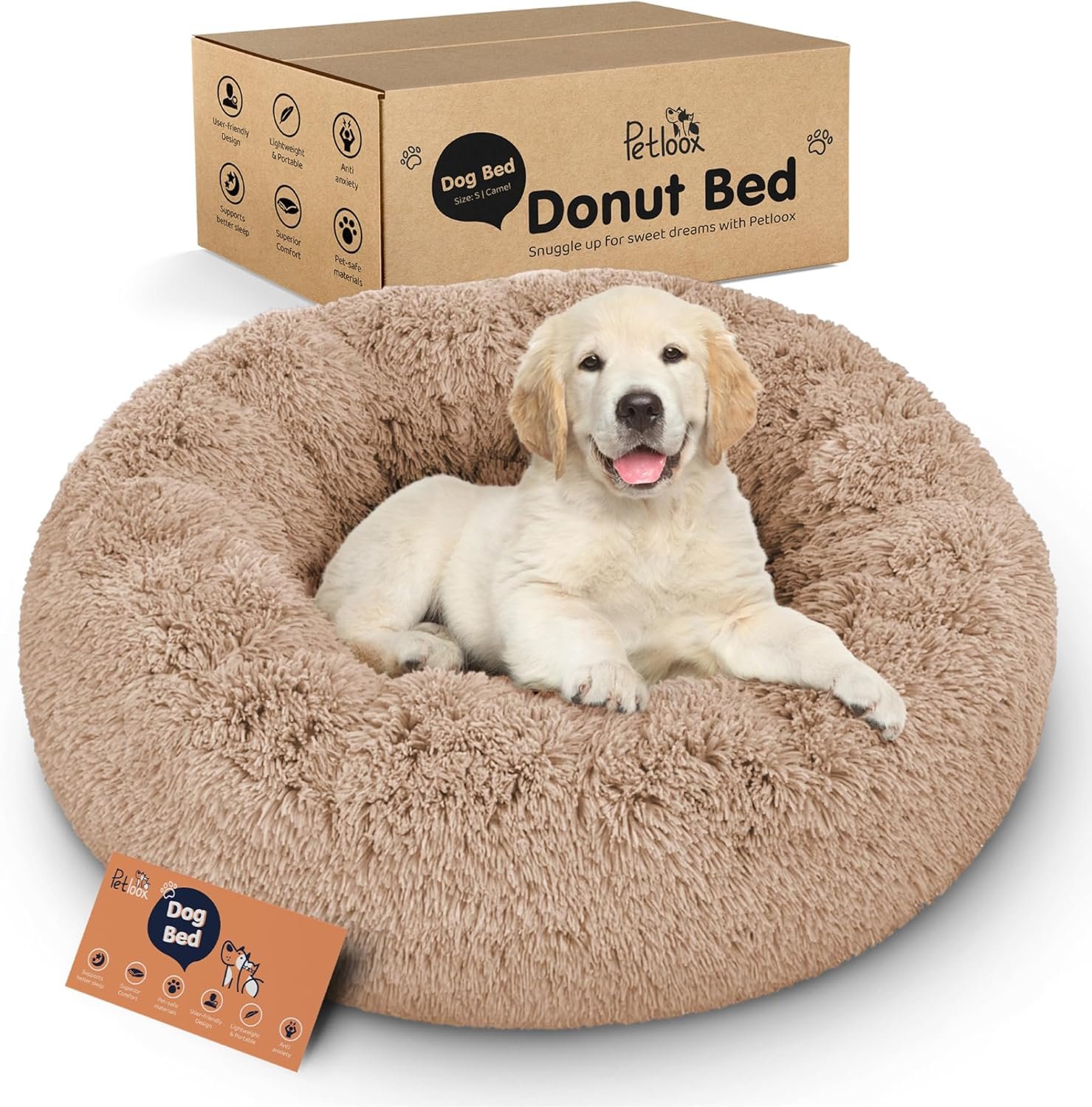 Donut Dog Bed – Premium Comfort for Anxiety Relief – Fluffy & Calming Design with Ultra-Plush Support | Cozy Round Dog Bed with Super Soft Circle Style (Camel, Small)