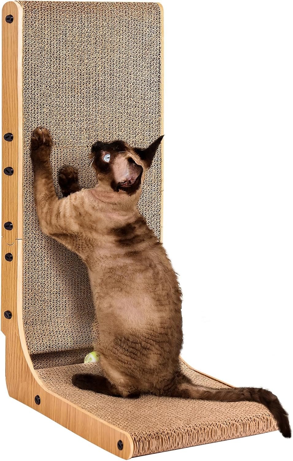 EHEYCIGA Cardboard Cat Scratcher for Indoor Cats, 26.8 Inch, Brown | L Shaped Scratching Post, Vertical Cat Scratching Board with Ball Cat Toy, Furniture Protector, Large Cat Scratch Pad