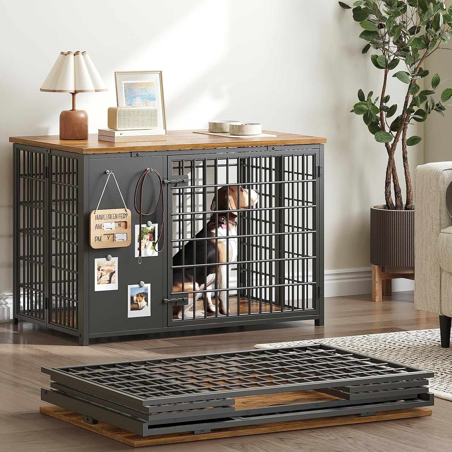 YATINEY Foldable Dog Crate Furniture, Dog Crate with DIY Frame, Heavy Duty Dog Kennel Indoor with Hooks, Wooden Dog Cage End Table, for Small/Medium Dogs, Rustic Brown and Black DC95BR