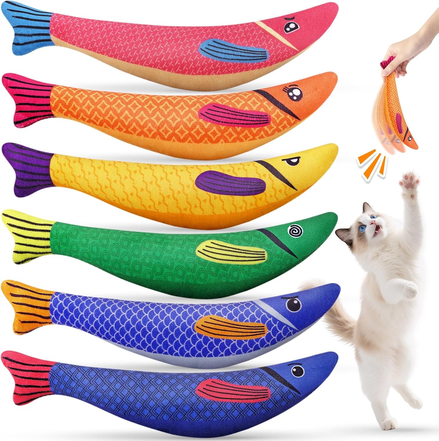 Cat Toys for Indoor Cats, 6 Pack Interactive Catnip Toys for Bored | Soft Plush, Fish-shaped Kitten Kicker Toy, Sound with Rattle Box, Multi-cat Rotation, Chew Toys for All Breeds