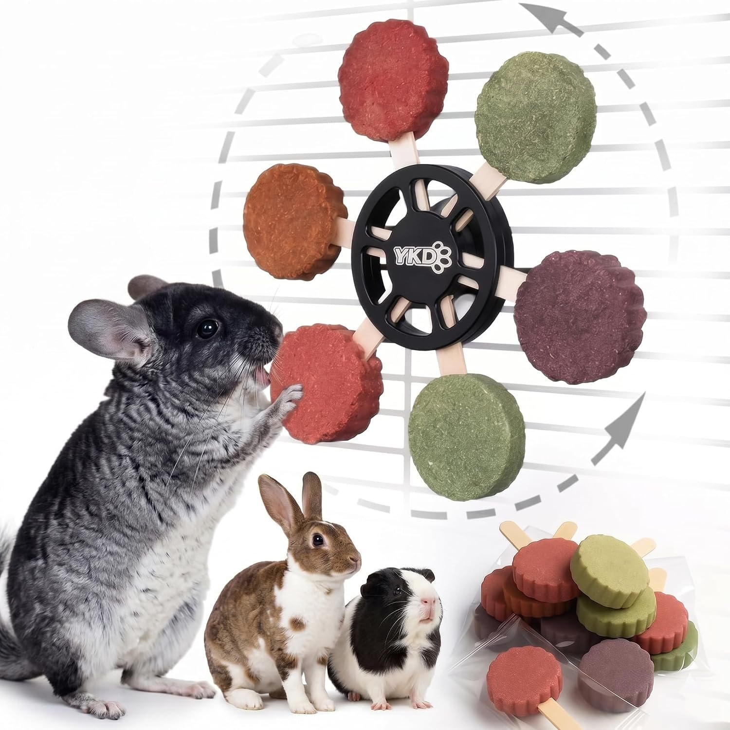 YKD Chinchilla Chew Toys, Rotating Spinner Toys + 12 Pcs Timothy Hay | Rabbit Chew for Teeth Grind & Digestion, Rust-Proof Aluminum Toy, for Rabbit, Bunny, Chinchilla, Hamster Dental Health