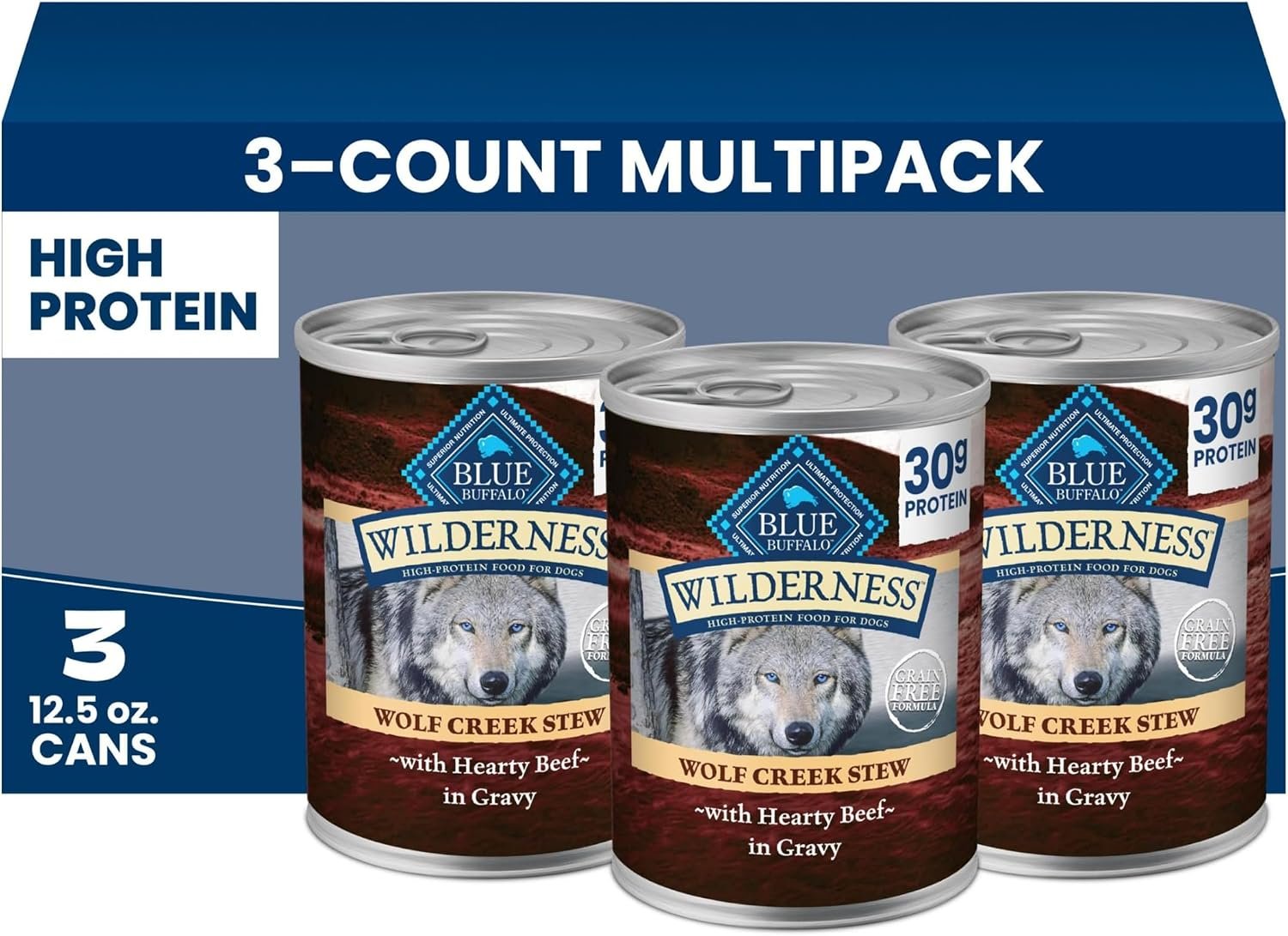 Blue Buffalo Wilderness Wolf Creek Stew Beef Wet Dog Food, 12.5 oz, 3 ct | 30g Protein, Hearty Beef in Gravy, High Protein & Grain-Free Recipe, Made with Natural Ingredients